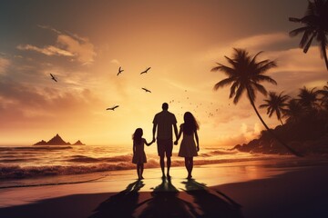 Silhouette of a family on the beach at sunset. Concept of happy family, rear view of A happy family in walks hand in hand down a paradise beach during sunset, AI Generated