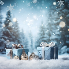 Winter's Christmas festivities adorned with gift boxes, trees, and ornaments against a backdrop of snowflakes. A joyful celebration of the New Year in a special and festive setting