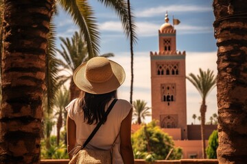 Back view of asian woman wearing hat looking at mosque in morocco, rear view of a Woman looking at Koutoubia mosque minaret-Tourism in Marrakech, Morocco, AI Generated - obrazy, fototapety, plakaty