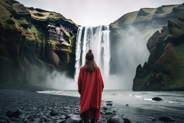 A young woman in a red raincoat standing in front of a powerful Skogafoss waterfall in Iceland, rear view of a Woman overlooking a waterfall at skogafoss, Iceland. Skógafoss, Ísland, AI Generated - obrazy, fototapety, plakaty