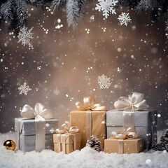Winter's Christmas festivities adorned with gift boxes, trees, and ornaments against a backdrop of snowflakes. A joyful celebration of the New Year in a special and festive setting
