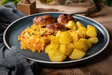 Meatballs  served with fired potatoes.