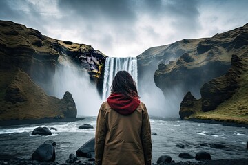 A young woman in a yellow jacket and a red scarf is standing in front of the Skogafoss waterfall in Iceland, rear view of a Woman overlooking a waterfall at skogafoss, Iceland, AI Generatedv - obrazy, fototapety, plakaty