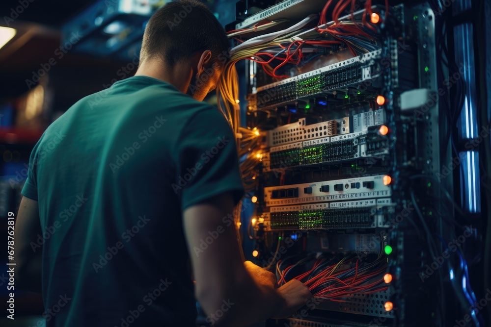 Poster young technician working on server in datacenter. selective focus, rear view of an it engineer close