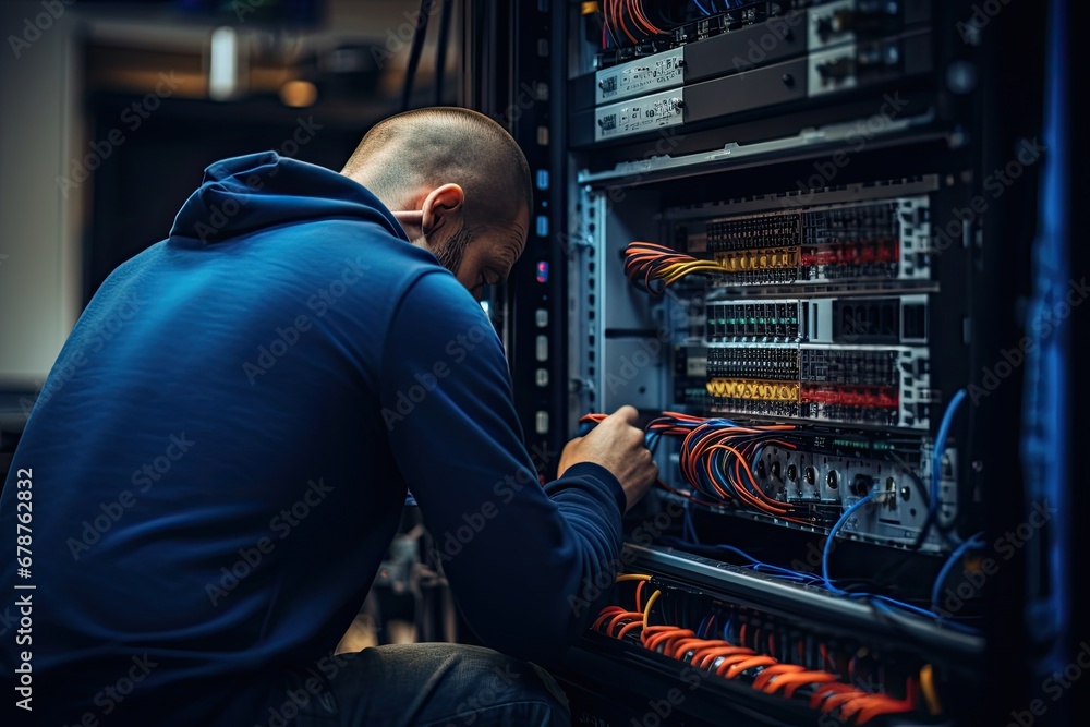 Poster technician repairing server in datacenter server room. network infrastructure, rear view of an it en