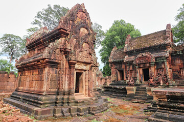 Banteay Srei - 10th century Hindu temple and masterpiece of old Khmer architecture built by Yajnavaraha in red sandstone at Siem Reap, Cambodia, Asia