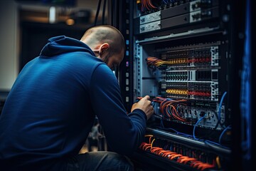 Technician repairing server in datacenter server room. Network infrastructure, rear view of An IT Engineer close-up shot of fixing a server problem, AI Generated