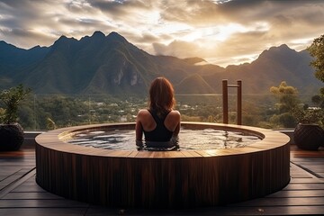 Beautiful young woman relaxing in hot tub with view on mountain landscape at sunset, rear view of a woman taking a bath outdoors, Outdoor jacuzzi with mountains view. Lounge zone, AI Generated - obrazy, fototapety, plakaty