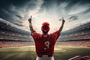 Baseball player in red uniform standing with arms raised against rugby stadium, rear view of Baseball player throwing the ball on the professional baseball stadium, AI Generated