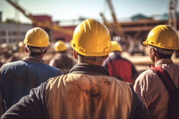 Group of workers in hardhats at construction site. Selective focus, rear view of Construction workers at the construction site outdoors, labor wearing yellow safety hardhats, AI Generated