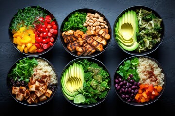 Healthy high protein lunch bowls vegan and chicken - obrazy, fototapety, plakaty