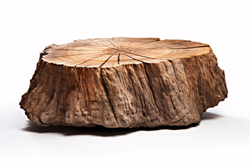 A hefty, solitary tree stump set against a white backdrop.