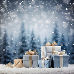 Winter's Christmas festivities adorned with gift boxes, trees, and ornaments against a backdrop of snowflakes. A joyful celebration of the New Year in a special and festive setting