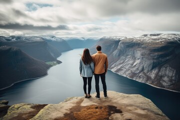 Couple standing on the edge of a cliff and looking at the fjord, rear view of Couple family traveling together on cliff edge in Norway, AI Generated - obrazy, fototapety, plakaty