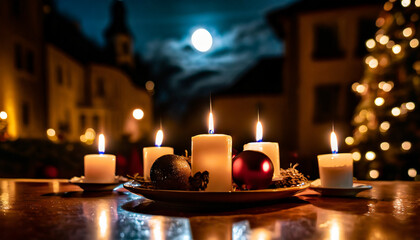 Burning Christmas candles on a Christmas Eve table, a nighttime scene