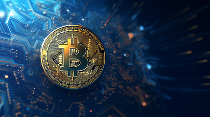 Digital Bitcoin Currency on Circuit Board Background