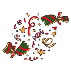 Christmas cracker illustration with confetti, stars and sweets on transparent background