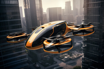 Futuristic air drone taxi passenger cab, smart aerial technology. Generative AI