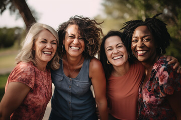 Portrait of four women middle age in a close, affectionate embrace, exuding a sense of unity and genuine happiness - obrazy, fototapety, plakaty