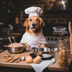 Adorable Golden Retriever dog dressed as a chef, ready to cook dinner in the kitchen. A delightful and humorous moment capturing the essence of pets in a culinary setting
