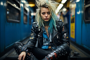 Fototapeta na wymiar Punk girl waiting at a New York subway station