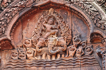 Stone Bas reliefs  from hindu mythology at Banteay Srei - 10th century Hindu temple and masterpiece...