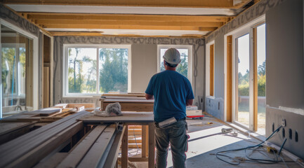 A construction worker mason in the ongoing remodeling of a spacious kitchen with windows to the outside. In progress.