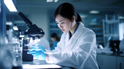 Dedicated Researcher in Modern Laboratory The cool blue tones and crisp lighting highlight the cutting edge nature