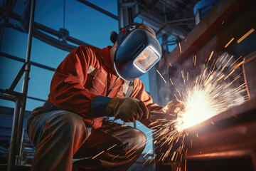 A skilled specialized worker in welding is repairing metal structures on an offshore oil plant.