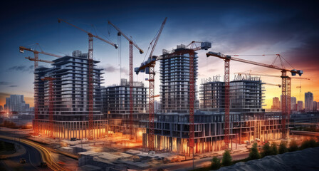 City building construction sites development and tower cranes. - Powered by Adobe