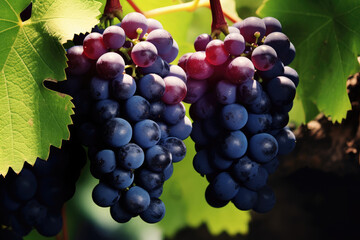 Fototapeta premium Grape closeup realistic background, red black grapes bunch on vine branch in macro closeup.