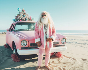 Santa Clause in pastel pink clothes standing at the sandy beach sea in front of his car full of presents. Claus missed the road and finished on summer destination. Fun creative idea.