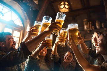 Group of people drinking beer at brewery pub restaurant, Happy friends enjoying happy hour sitting at bar table, Closeup image of brew glasses, Food and beverage lifestyle concept.