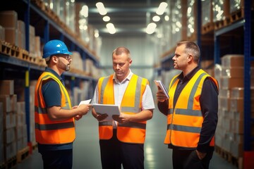 Warehouse workers doing inventory control receiving instructions from the supervisor.