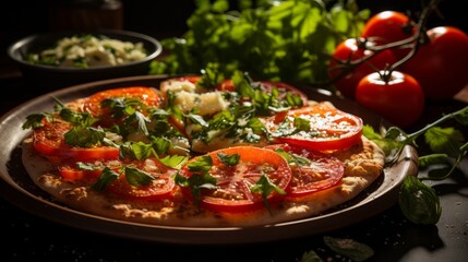 Close-up of freshly sliced tomatoes on a margarita pizza. AI generate illustration