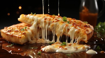 Close-up of the melted cheese stretching as a slice of margarita pizza is lifted. AI generate - obrazy, fototapety, plakaty