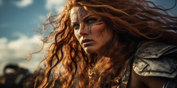 A dramatic midrange shot a the warrior queen, in a defiant stance against the backdrop of a Roman settlement, symbolizing resistance and courage