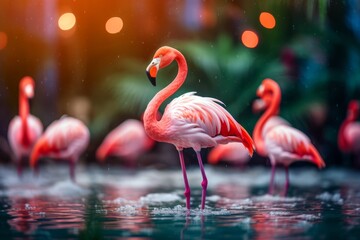 Group of pink flamingos in the water with bokeh background. Close up and selective focus photography
