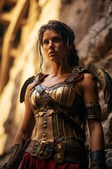 Naklejka premium A female gladiator, a rare sight in ancient Rome, stands ready to battle in the Colosseum, her fierce gaze and formidable stance capturing the attention and respect of the onlookers