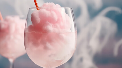 Pink cotton candy cocktail in glass, copy space, pastel cute colors. Sweet alcoholic cocktail with sugar cotton with ice smoke. 