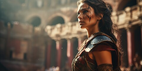 A female gladiator, a rare sight in ancient Rome, stands ready to battle in the Colosseum, her fierce gaze and formidable stance capturing the attention and respect of the onlookers - obrazy, fototapety, plakaty