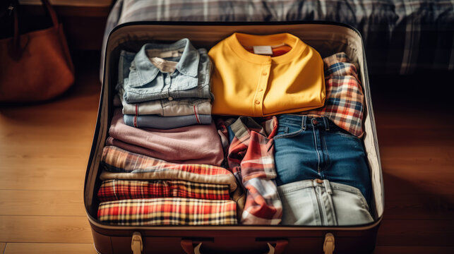 Process of packing a suitcase for a vacation. Stacked clothes in suitcase, going on vacation. Creative concept of vacation, time to rest. 