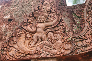 Stone Bas reliefs from hindu mythology at Banteay Srei - 10th century Hindu temple and masterpiece...
