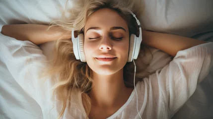 Foto op Plexiglas Young beautiful blond woman smile and listen music while lying on her bed. Happy girl fall asleep listening to relaxing music with headphones. Closeup face portrait.  © IndigoElf