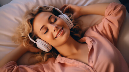 Young beautiful woman smile and listen music while lying on her bed. Happy girl fall asleep listening to relaxing music with headphones. Closeup face portrait.  - obrazy, fototapety, plakaty