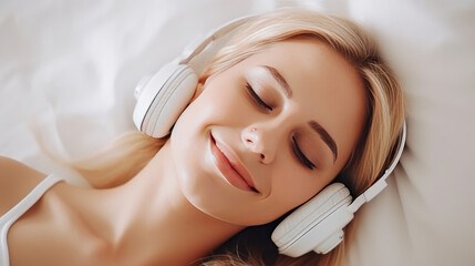 Young beautiful blond woman smile and listen music while lying on her bed. Happy girl fall asleep...