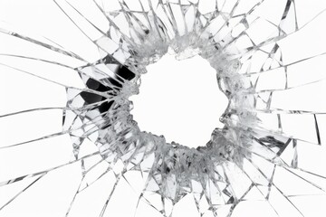 Broken glass texture with hole in center isolated on white background. Generative AI