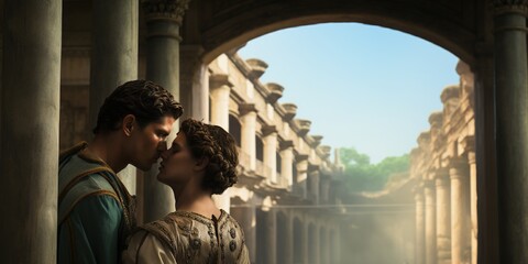 A tender scene of Emperor Augustus with his wife, sharing a private moment in a lush garden, their expressions reflecting mutual respect and deep affection - obrazy, fototapety, plakaty