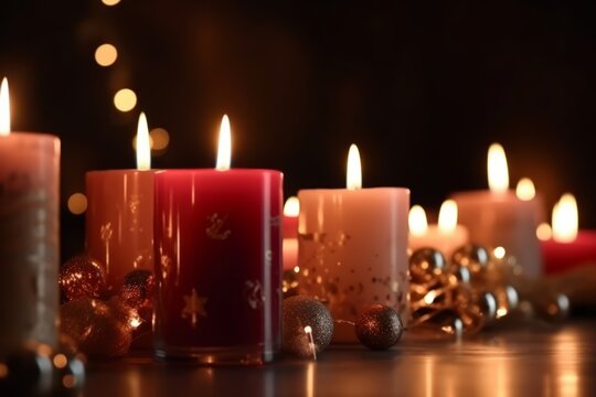 Christmas candles and lights. Christmas background. Generative AI