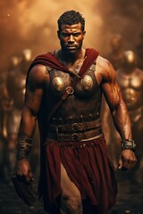 Fototapeta na wymiar A powerful midrange depiction of Spartacus, the legendary gladiator and leader of a slave rebellion, in a moment of rallying his followers, his expression one of determination and inspiring leadership